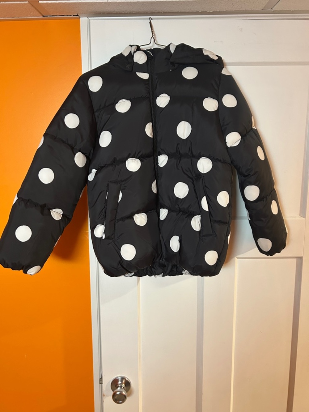 H&M Black Puffer Jacket with White Polka Dots with removable hood